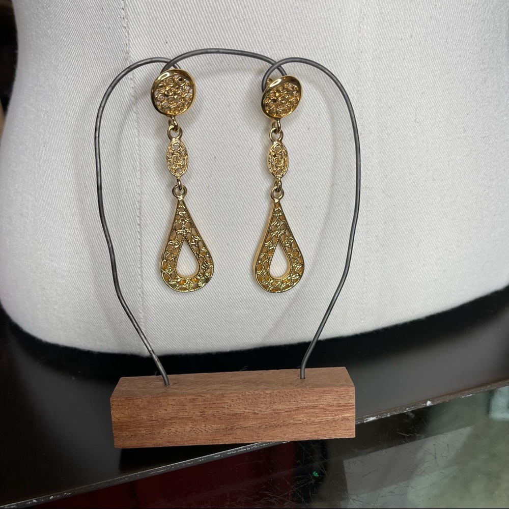 Vintage Napier Drop Filigree Gold Tone Pierced Earrings